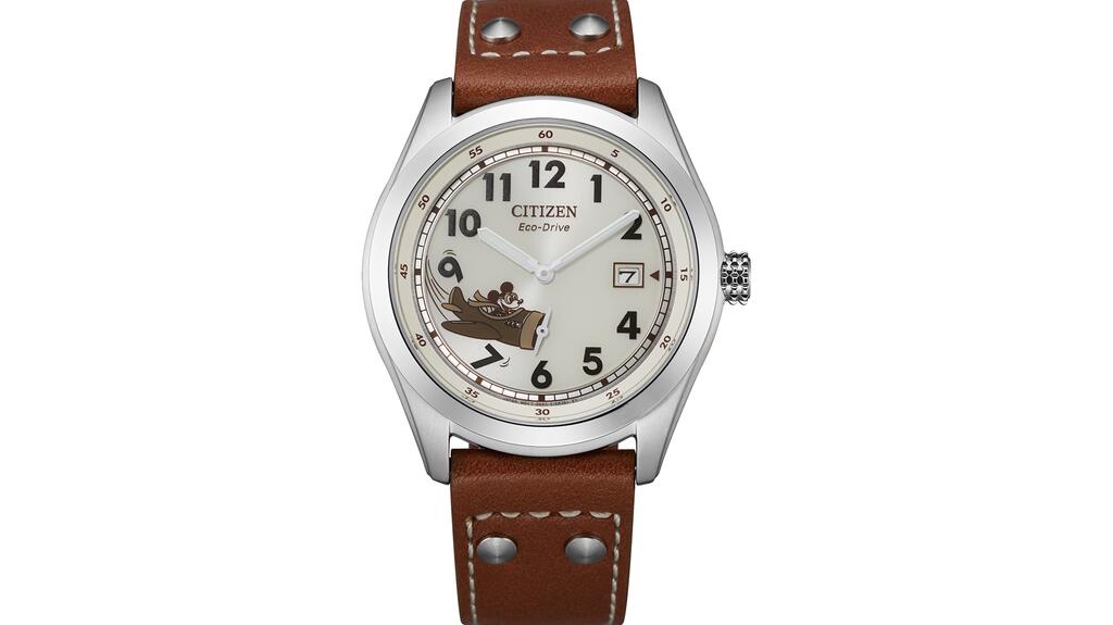 The Disney Mickey Mouse Aviator Watch features the iconic character in a vintage airplane. 20230228_6-Disney Citizen.jpg